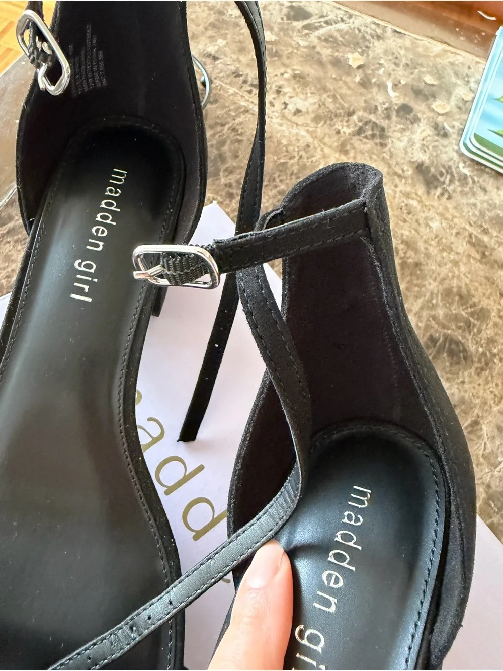 Madden Girl Black Suede Ankle-Strap Block Heel Sandals